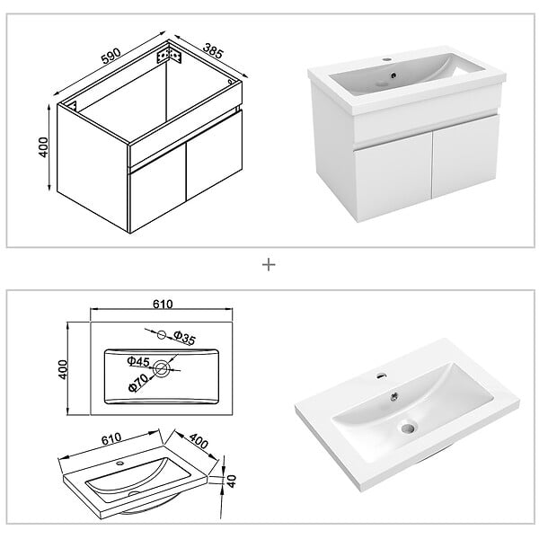 AICA SANITAIRE - Meubles simple vasque 60cm vasque + miroir lumineux Blanc - large