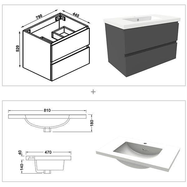 AICA SANITAIRE - Ensemble meubles Salle de Bain 80cm vasque + miroir lumineux Anthracite - large