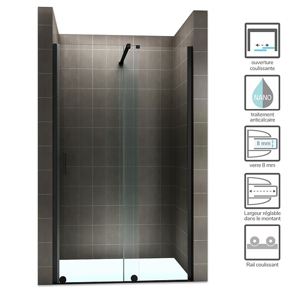 SANIVERRE - Porte de douche coulissante noire NAPOLI BLACK L. 130 cm verre 8 mm transparent H. 200 cm - large