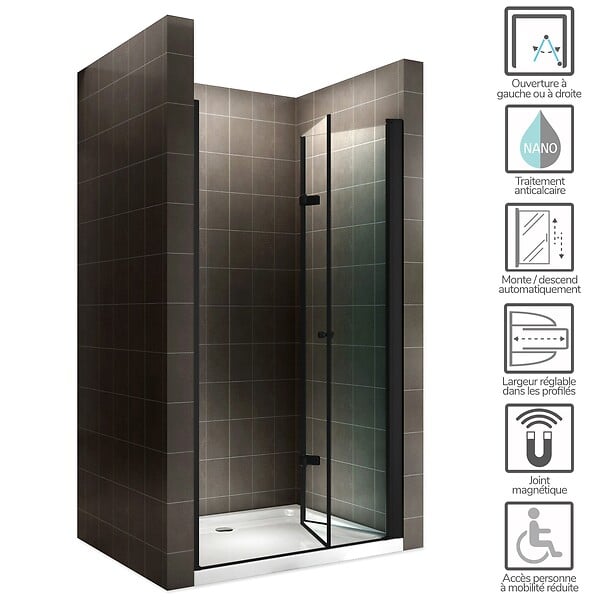 SANIVERRE - MONABLACK Porte de douche pliante noire H.195 x L. 96-100 cm verre transparent 6 mm - large