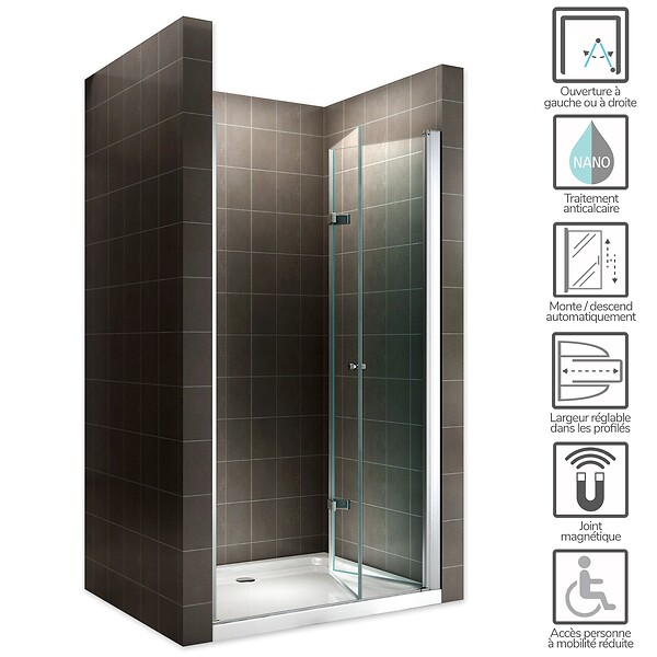 SANIVERRE - MONA Porte de douche pliante H.195 x L. 84-88 cm verre transparent 6 mm - large