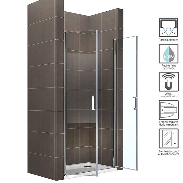 SANIVERRE - KIMI Porte de douche H.180 - L. 79 à 82 cm verre transparent 6 mm - large