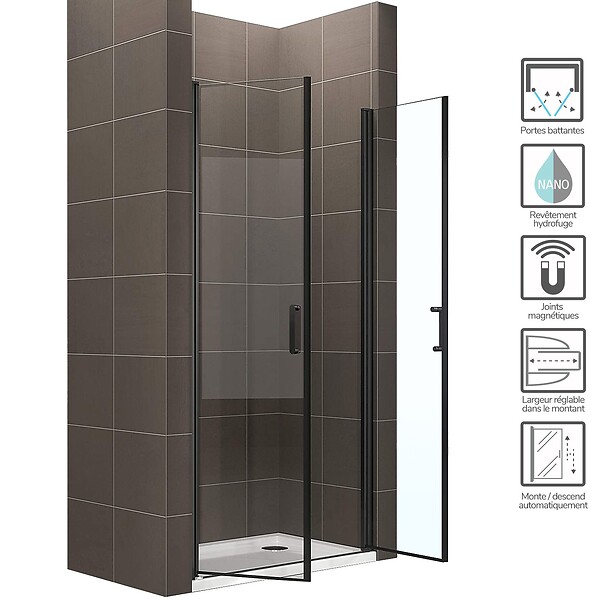 SANIVERRE - KIMIBLACK Porte de douche H.180 Noir L. 70 à 73 cm transparent verre 6 mm - large