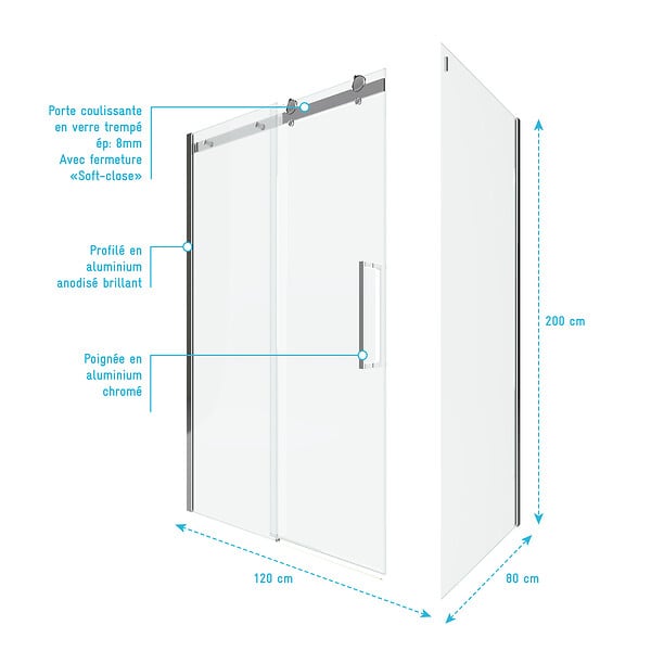 AURLANE - Porte de Douche Coulissante 120x200 cm + Retour 80x200 cm - Aluminium Chromé - Verre Trempé 8 mm - large