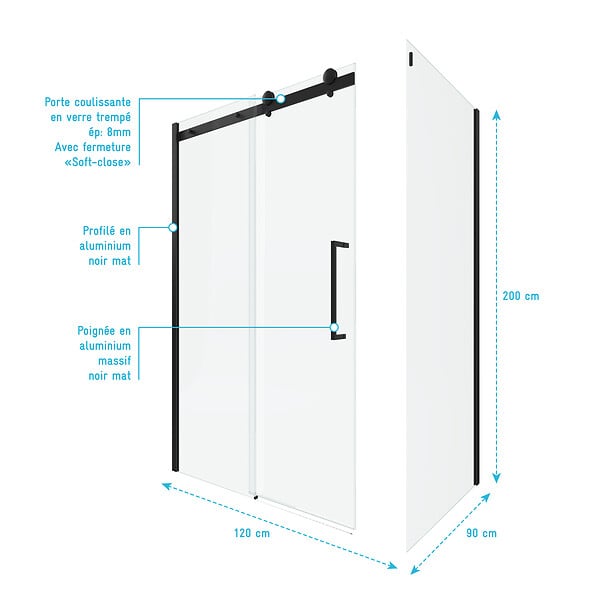 AURLANE - Porte de douche coulissante 120x200 cm noir mat - rail soft close + RETOUR 90 cm - large