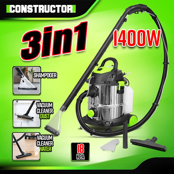 CONSTRUCTOR - Aspirateur eau et poussières / shampouineuse 1400W - 20L inox - 18 Kpa avec soufflerie - large