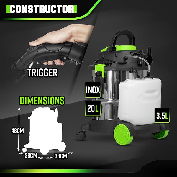 CONSTRUCTOR - Aspirateur eau et poussières / shampouineuse 1400W - 20L inox - 18 Kpa avec soufflerie - large
