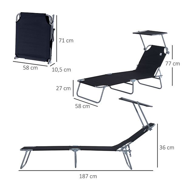 OUTSUNNY - Transat bain de soleil pliable grand confort dossier et pare-soleil réglable multi-positions noir - large