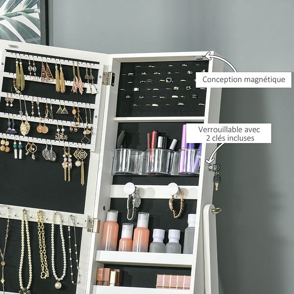 HOMCOM - Armoire à bijoux sur pied multi-rangement avec miroir LED MDF blanc - large