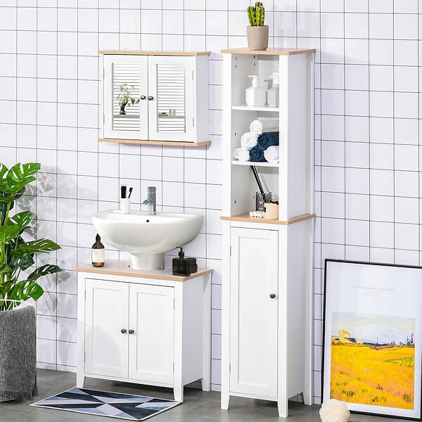 HOMCOM - Armoire murale de salle de bain avec étagère réglable et 2 portes avec miroir en MDF - dim. 56I x 14P x 46H cm - large