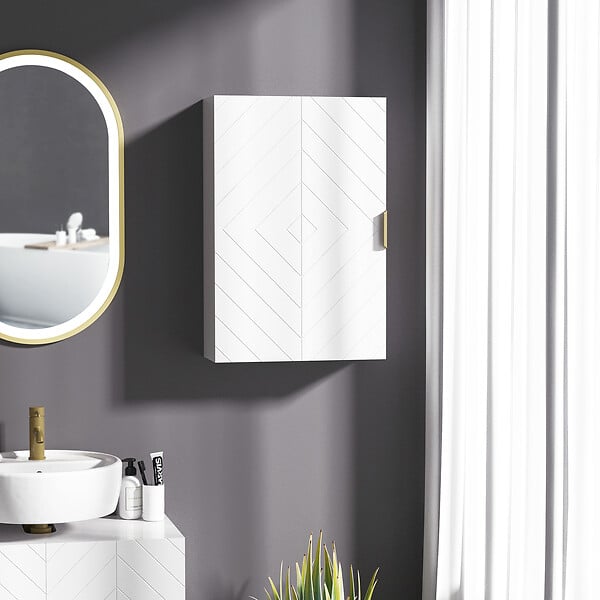 KLEANKIN - Armoire murale de salle de bain - porte, 2 étagères - poignée métal doré MDF blanc - large