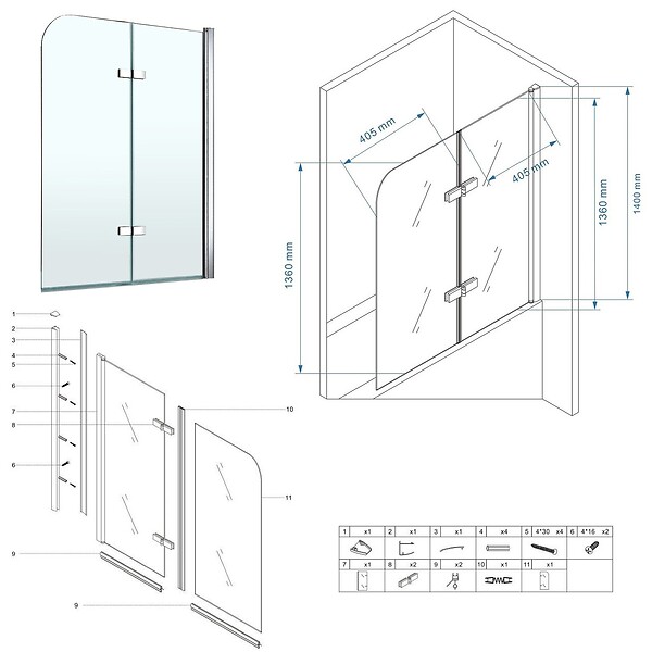 SANIVERRE - BALY Pare-baignoire 90x140 cm pliant & pivotant verre transparent anticalcaire - large