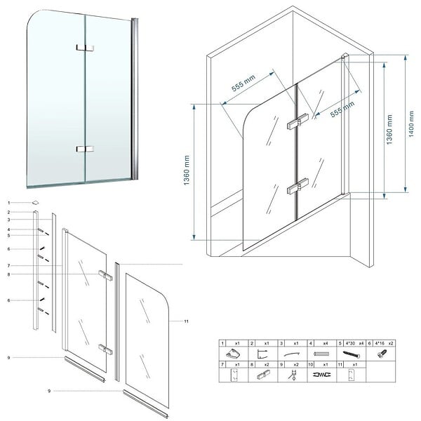 SANIVERRE - BALY Pare-baignoire 120x140 cm pliant & pivotant verre transparent anticalcaire - large