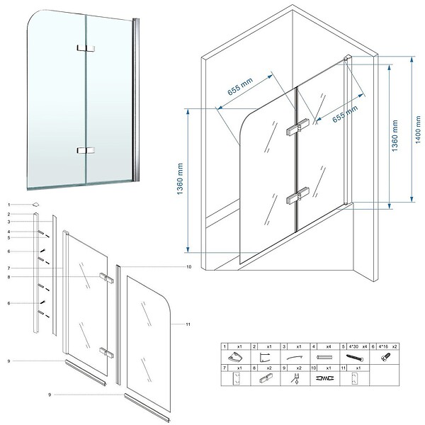 SANIVERRE - BALY Pare-baignoire 140x140 cm pliant & pivotant verre transparent anticalcaire - large