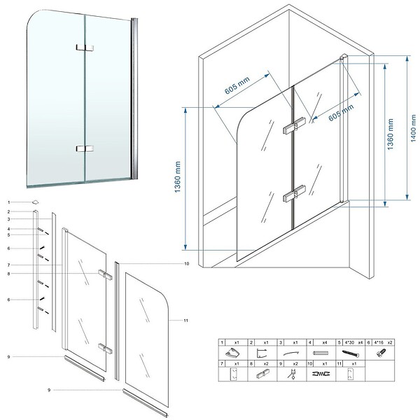 SANIVERRE - BALY Pare-baignoire 130x140 cm pliant & pivotant verre transparent anticalcaire - large