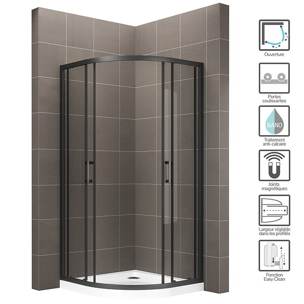 SANIVERRE - TIBYBLACK Cabine de douche 80x80 H190 cm + receveur 1/4 de cercle noir verre transparent 6 mm - large