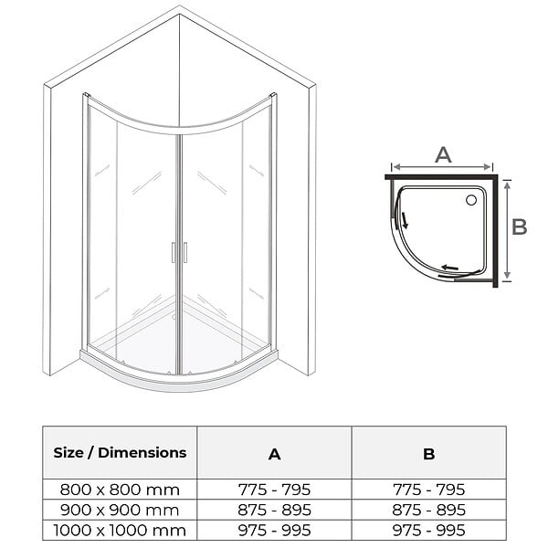 SANIVERRE - TIBYBLACK Cabine de douche 80x80 H190 cm + receveur 1/4 de cercle noir verre transparent 6 mm - large