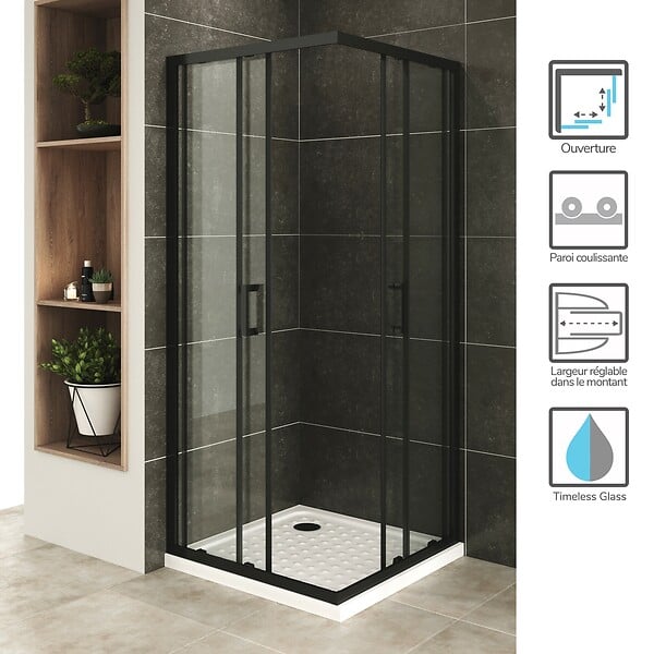 SANIVERRE - LANABLACK+ Cabine de douche 90x90 H190 cm transparent verre 6 mm porte coulissante - large