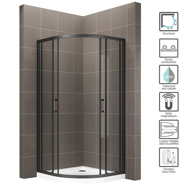SANIVERRE - TIBYBLACK Cabine de douche 90x90 H190 cm 1/4 de cercle noir verre transparent 6 mm - large