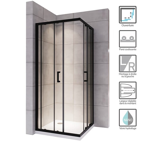 SANIVERRE - LANABLACK Cabine de douche 75x100 H185 cm transparent verre 6 mm porte coulissante - large