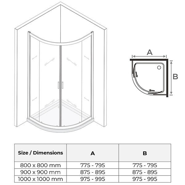 SANIVERRE - TIBY Cabine de douche 80x80 H190 cm 1/4 de cercle verre transparent 6 mm - large