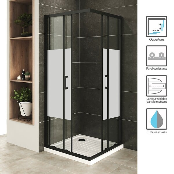 SANIVERRE - LANABLACK+ Cabine de douche 90x90 H190 cm centre-opaque verre 6 mm porte coulissante - large