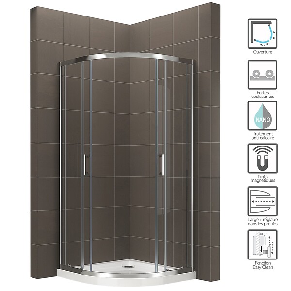 SANIVERRE - TIBY Cabine de douche 90x90 H190 cm +receveur 1/4 de cercle verre transparent 6 mm - large