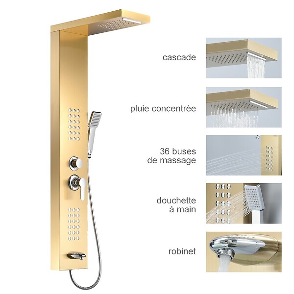 SANIVERRE - LULY Colonne de douche hydromassante 4 jets +1 robinet Or - large