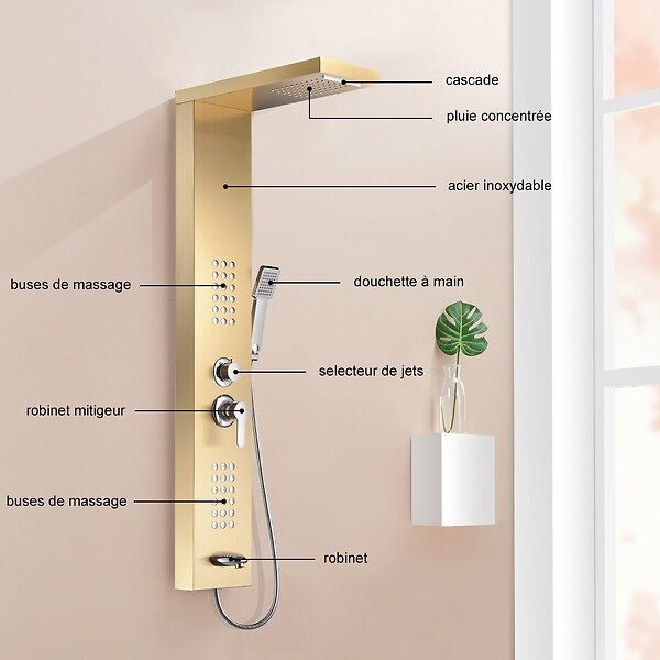 SANIVERRE - LULY Colonne de douche hydromassante 4 jets +1 robinet Or - large