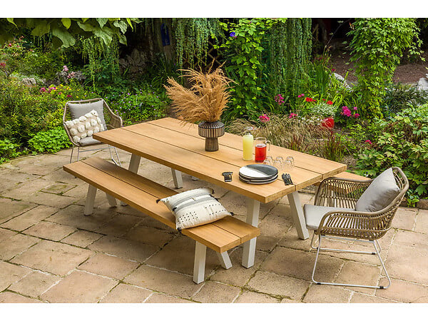 JARDILINE - Ensemble table de jardin en teck Seychelles + 2 bancs en teck - Jardiline - large