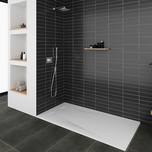 SANIVERRE - POLAR Receveur de douche 90 x 140 cm Blanc extra-plat effet pierre antidérapant + bonde incluse - large