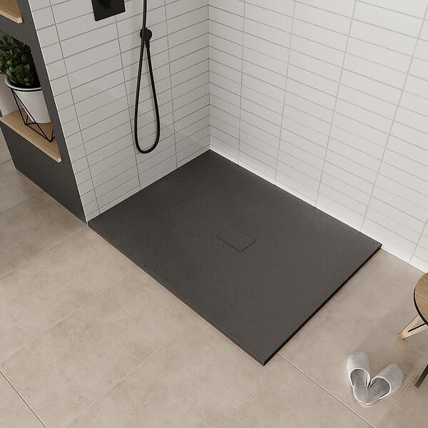 SANIVERRE - BAYA Receveur de douche 100 x 140 cm Noir extra-plat aspect pierre + bonde incluse - large