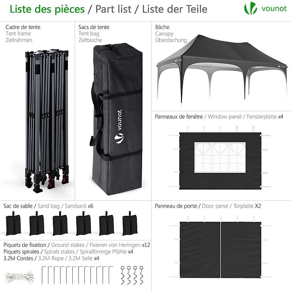 VOUNOT - Tonnelle de jardin 3x6m Pliable Barnum avec 6 parois amovibles Noir - large