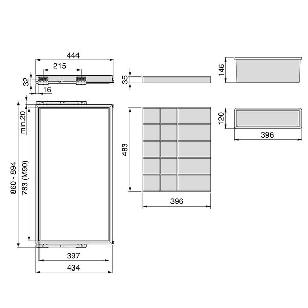 EMUCA - Kit de organisateur de tiroirs, plateau auxiliaire et cadre de coulissage soft close pour armoires, réglable, module 900mm, Gris pierre - large