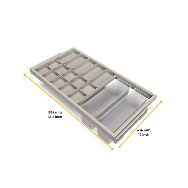 EMUCA - Kit de organisateur de tiroirs, plateau auxiliaire et cadre de coulissage soft close pour armoires, réglable, module 900mm, Gris pierre - large
