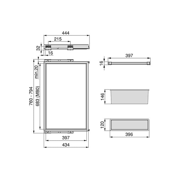 EMUCA - Kit de 7 porte-pantalons, 1 plateau et 1 cadre coulissant à fermeture douce pour armoires, réglable, module 800mm, Gris pierre - large