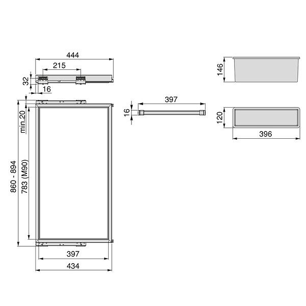 EMUCA - Kit de 7 porte-pantalons, 2 plateaux et cadre coulissant à fermeture douce pour armoires, réglable, module 900mm, Noir texturé - large