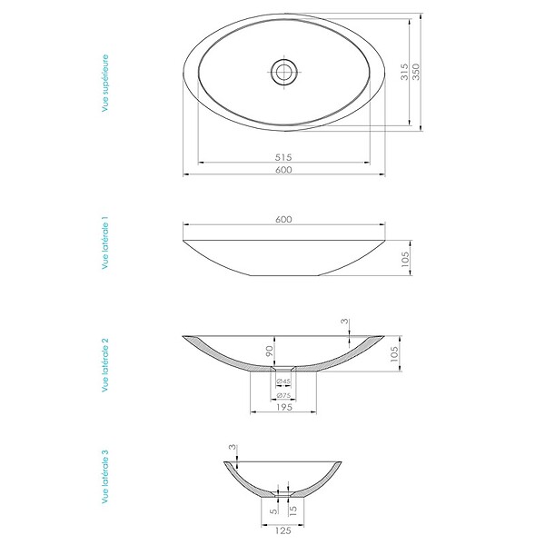 THALASSOR - OVALIS 60 - Vasque à poser en Solid Surface Blanc Mat 60 x 35 x 10,5(h) cm - large