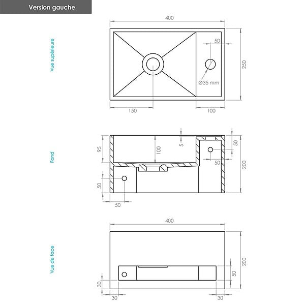 THALASSOR - EASY 40 GAUCHE - Lave-mains suspendu en Solid Surface 40 x 25 x 20(h) cm - large