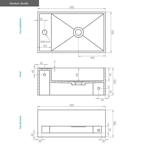 THALASSOR - EASY 50 DROITE - Lave-mains suspendu en Solid Surface 50 x 30 x 20(h) cm - large