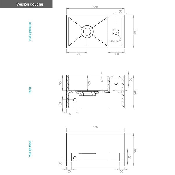 THALASSOR - EASY 35 GAUCHE - Lave-mains suspendu en Solid Surface 35 x 20 x 20(h) cm - large