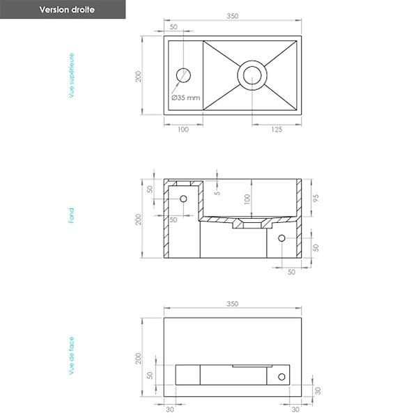 THALASSOR - EASY 35 DROITE - Lave-mains suspendu en Solid Surface 35 x 20 x 20(h) cm - large