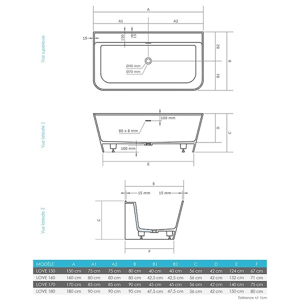 THALASSOR - LOVE 170 - Baignoire semi-ilot en Solid Surface 170 x 90 x 56(h) cm - large