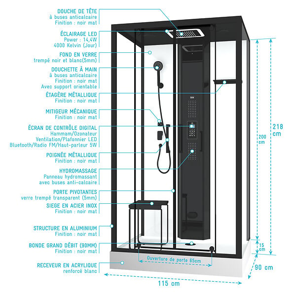 AURLANE - Cabine de douche rectangle 115x90x218 cm - Fonction HAMMAM, Jets Hydromassants, Led et Bluetooth - large