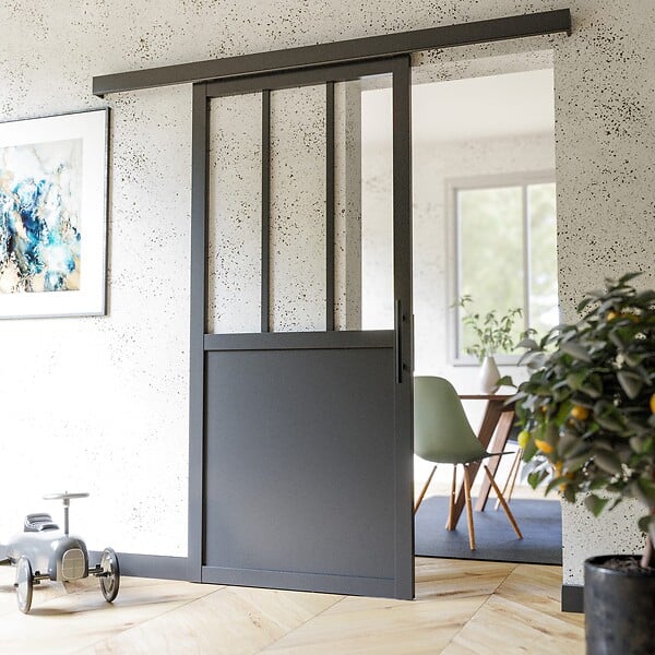 COULICOOL - Porte Coulissante avec Rail - Atelier Noire 83 cm - Avec poignée - large