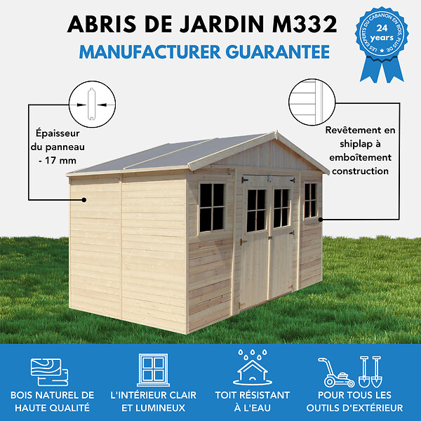 TIMBELA - Abri de Jardin en Bois Naturel - H246x418x220 cm /8 m² - M332 - large