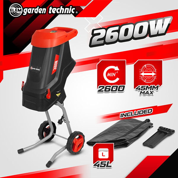 ELEM GARDEN TECHNIC - Broyeur de végétaux électrique 2600W avec sac récupérateur de 45L - large