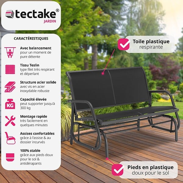TECTAKE - Banc à bascule Greta 2 places 121 x 72 x 86,5 cm noir - large