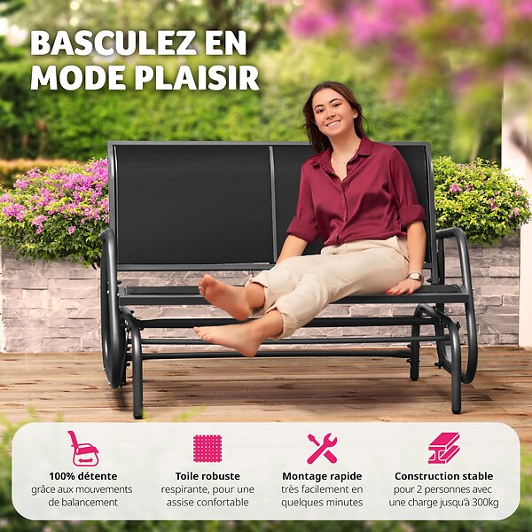 TECTAKE - Banc à bascule Greta 2 places 121 x 72 x 86,5 cm noir - large