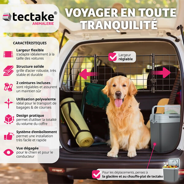 TECTAKE - Grille de protection pour chien Balu, réglable en largeur, 2 ceintures de sécurité noir - large